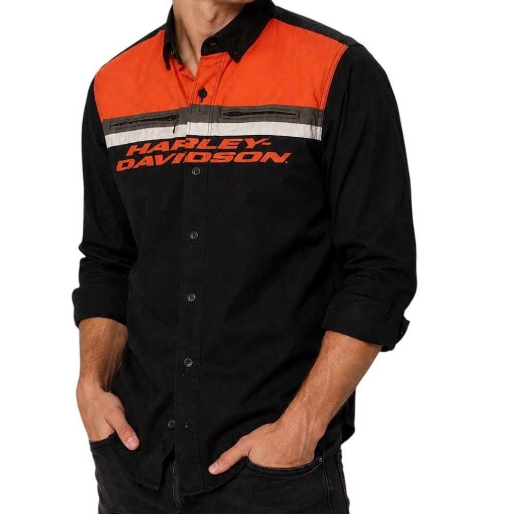 Harley-Davidson Black Orange Colorblock Embroidered Button Up Shirt Men's Small